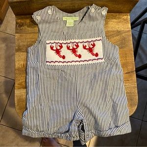 Baby boy 12 month shorts romper. Cute crab print. Blue and white striped.